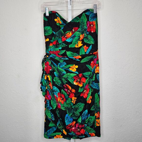 Vintage A.J. Bari Petites 100% Silk Strapless Tropical Floral Cocktail Dress 10P - Picture 1 of 7